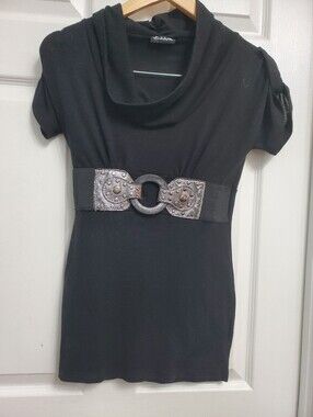 Seductions Black Cowlneck Shirt w/Built-in Waistbelt - SIZE S (DAMAGED)